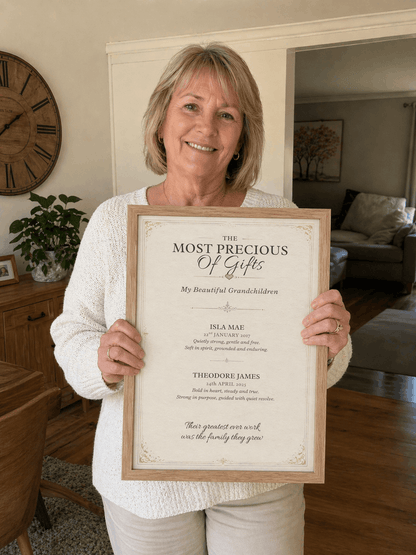 Woman holding a framed certificate in a living room setting
