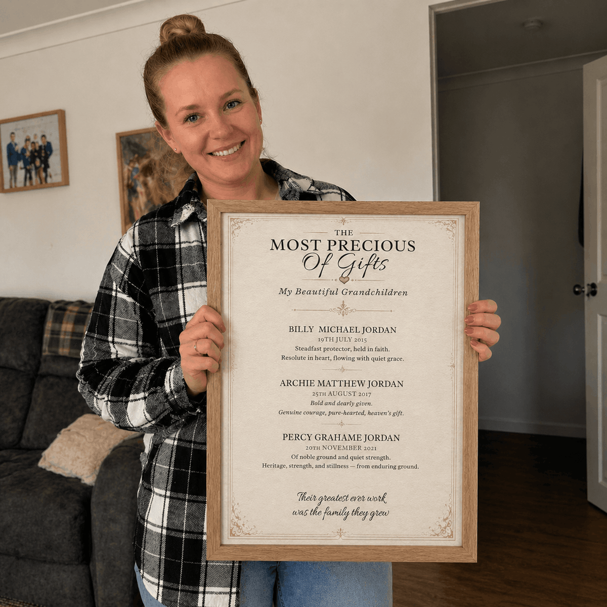 Grandmother holding her personalised Grandchildren Name Print