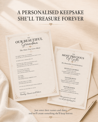 Personalised keepsake cards for a grandmother with a pen on a beige background