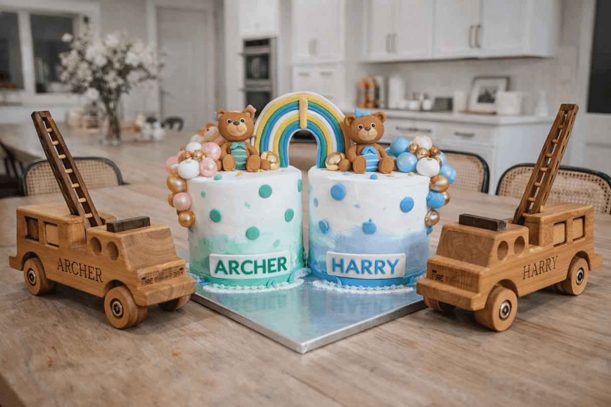 Personalised Wooden Fire Trucks Heirlooms Displayed with Twin Birthday Cakes in an Australian Modern Luxury Farmhouse.