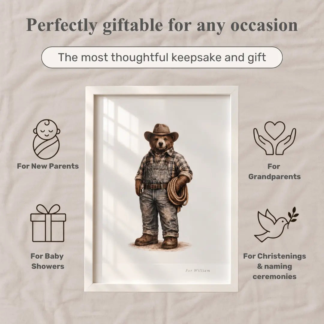 A framed art print featuring a bear dressed as a cowboy in a plaid shirt and jeans, centered on a soft beige fabric background. Text above reads 'Perfectly giftable for any occasion' with additional occasion-specific callouts and icons around the frame. Tractor 