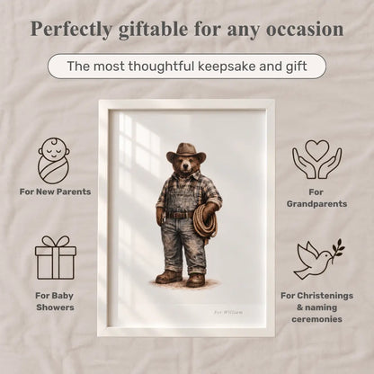 A framed art print featuring a bear dressed as a cowboy in a plaid shirt and jeans, centered on a soft beige fabric background. Text above reads 'Perfectly giftable for any occasion' with additional occasion-specific callouts and icons around the frame. Tractor 