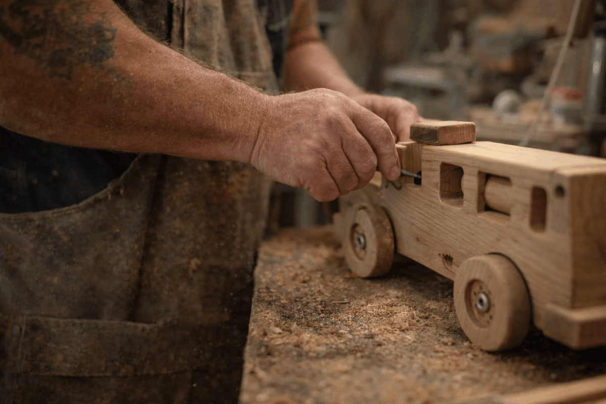 ANZAC veteran handcrafting a wooden heirloom firetruck in an Australian workshop