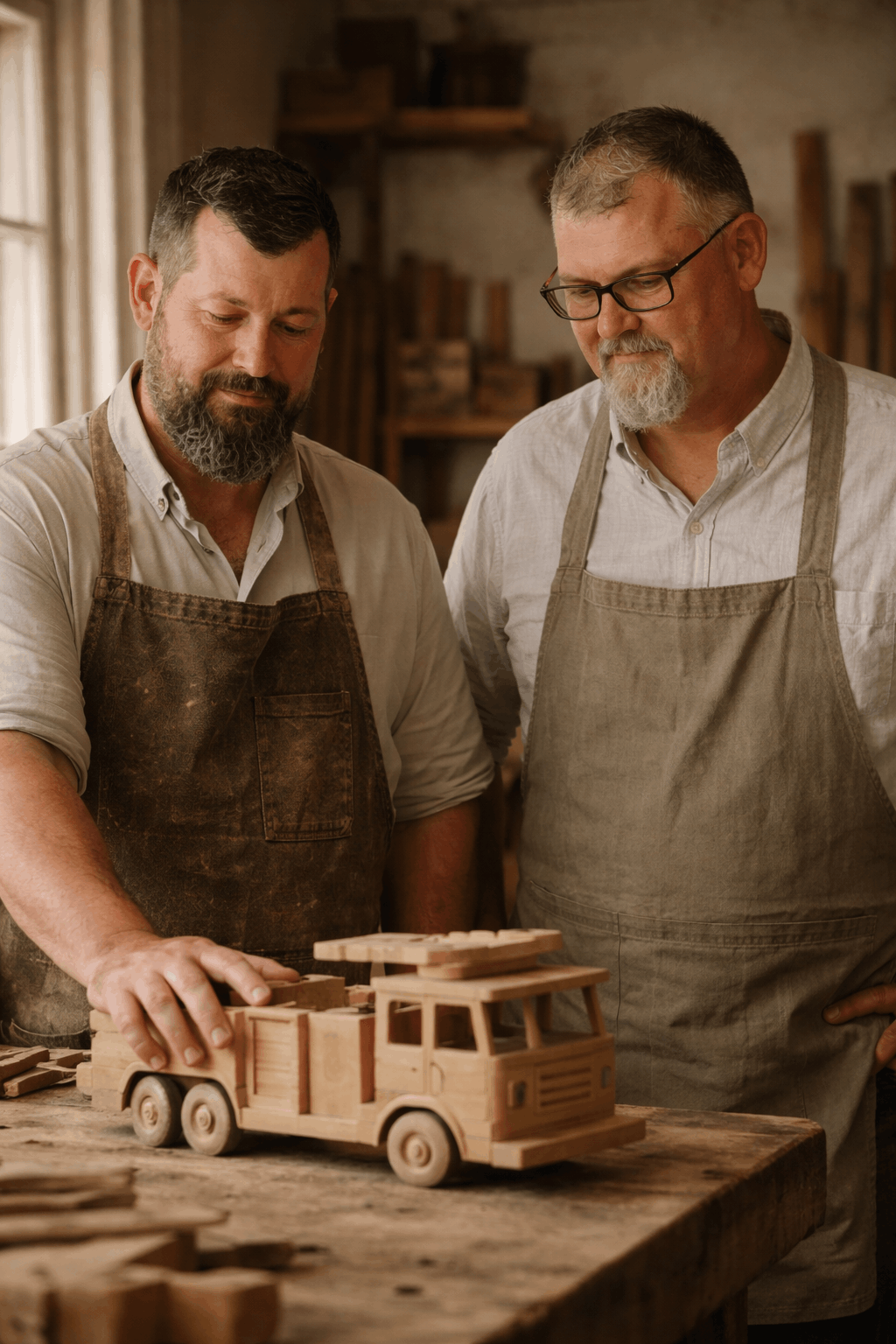 Two men in a workshop examining a wooden toy truck.