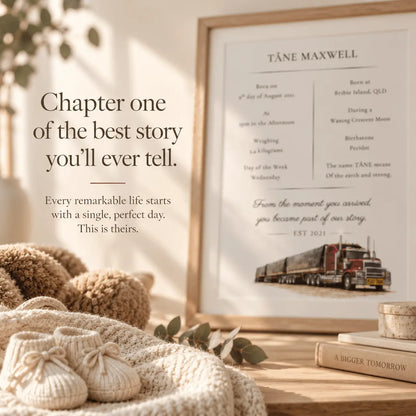A framed personalized baby milestone print titled 'TĀNE MAXWELL' sits on a wooden surface in a styled room scene with a knitted blanket, teddy bear, baby booties, and a book. The print includes a train illustration and inspirational text, with decorative text on the left reading 'Chapter one of the best story you'll ever tell. road train