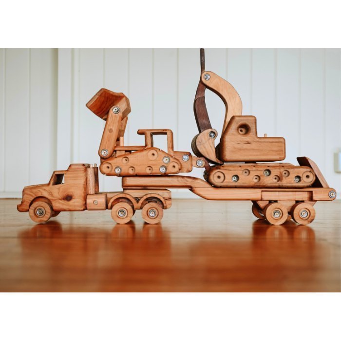 Premium Wooden Construction toy set. A Truck and Float, loaded with bulldozer and excavator. Closed Ramp ready to haul heavy equipment toys.  