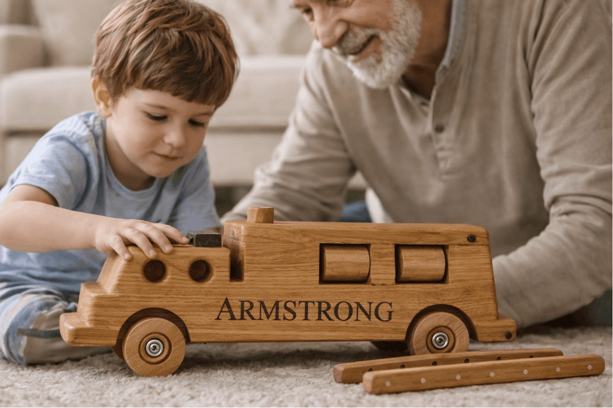 Handcrafted wooden firetruck heirloom engraved “ARMSTRONG” displayed on a cream stone fireplace mantel in an Australian farmhouse, with a vintage 1940s Australian firefighter portrait in the background.