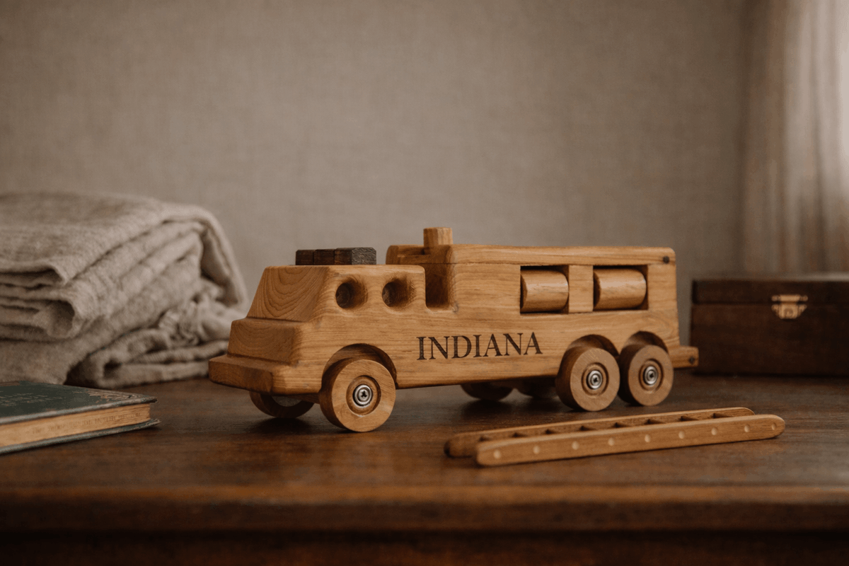 Wooden toy truck with 'Indiana' branding on a wooden surface. Positioned on an Oak Desk with other heritage items such as a beloved blanket and book. It is clearly a legacy that has been kept and treasured.