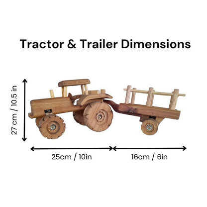 Handmade Wooden Tracor Trailer Toy. Removable Trailer. Suspension. Rolling Wheels. Push pull. Durable Quality. In Australian Bush. Australian Made. Dimensions