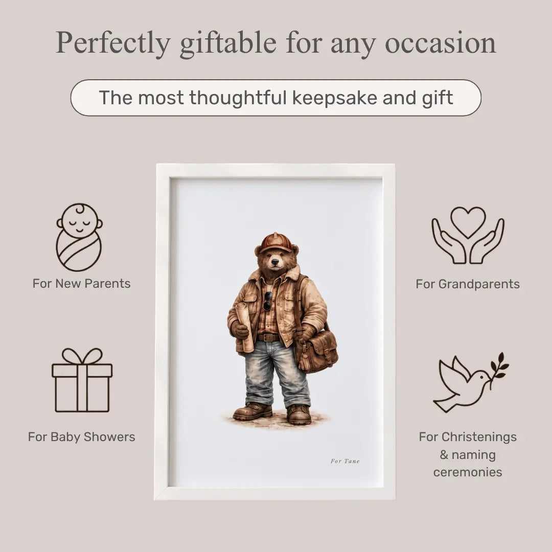 A framed art print featuring a teddy bear dressed as an explorer in a brown jacket, jeans, and boots, standing with a brown bag. The print is centered on a light beige background with promotional text and icons for occasions such as New Parents, Grandparents, Baby Showers, and Christenings. road train