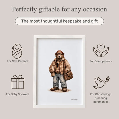 A framed art print featuring a teddy bear dressed as an explorer in a brown jacket, jeans, and boots, standing with a brown bag. The print is centered on a light beige background with promotional text and icons for occasions such as New Parents, Grandparents, Baby Showers, and Christenings. road train