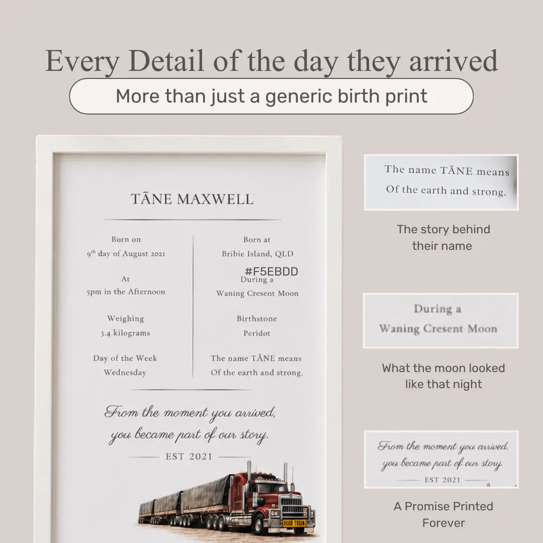 A framed personalized birth print displayed on a beige background, with text callouts explaining the custom design. The print features a white background, black typography, and a small illustration of a red and black train at the bottom. road train