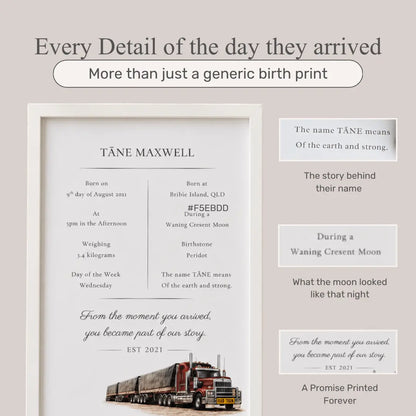 A framed personalized birth print displayed on a beige background, with text callouts explaining the custom design. The print features a white background, black typography, and a small illustration of a red and black train at the bottom. road train