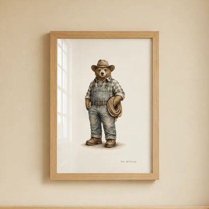 A framed art print of a Heritage Farmer bear wearing blue denim overalls and a hat, hanging on a beige wall above a light wood crib. Tractor Farmer Bear