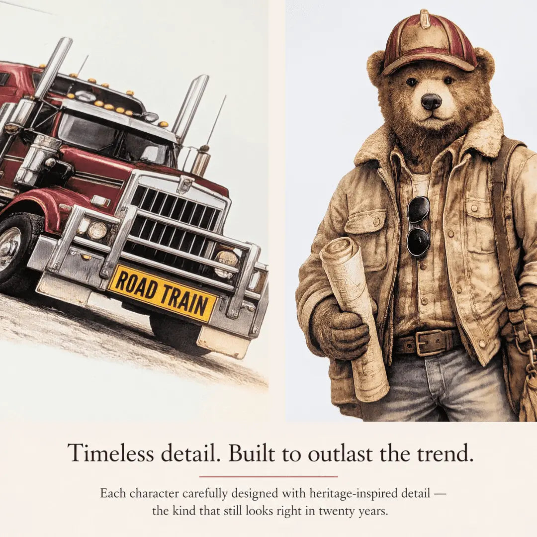 A split-panel promotional illustration showing a vintage red semi-truck with a yellow 'ROAD TRAIN' sign on the left, and a teddy bear dressed as an explorer in a brown jacket, hat, and sunglasses on the right. Text below reads, 'Timeless detail. road train