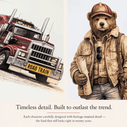 A split-panel promotional illustration showing a vintage red semi-truck with a yellow 'ROAD TRAIN' sign on the left, and a teddy bear dressed as an explorer in a brown jacket, hat, and sunglasses on the right. Text below reads, 'Timeless detail. road train