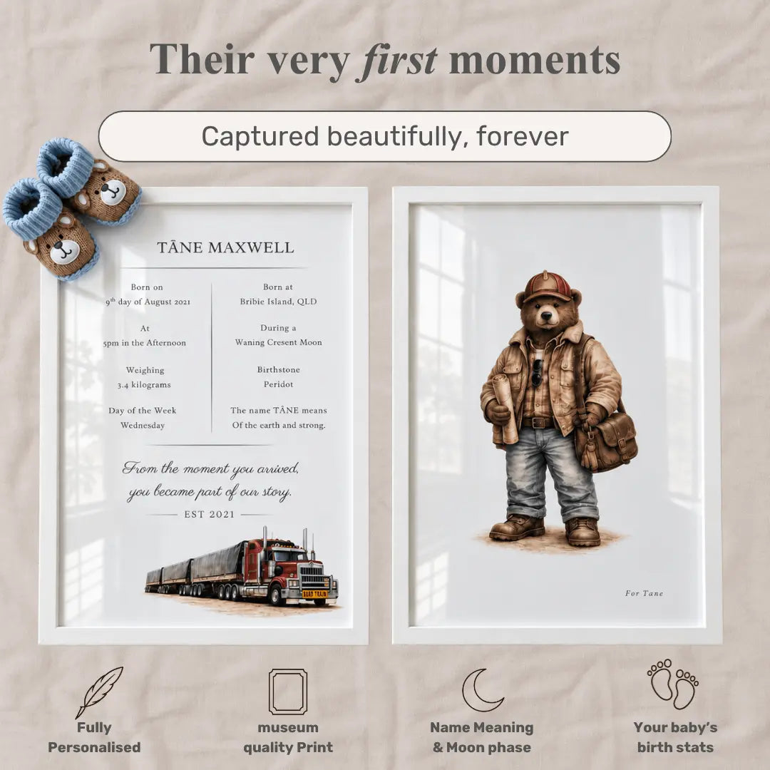 Personalized framed baby keepsake prints displayed on a beige fabric background. The left print shows a baby milestone timeline with a blue pair of booties placed beside it, and the right print shows a teddy bear illustration with a hat and backpack. rodad train