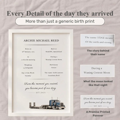 A framed personalized baby birth print displayed on a light textured background, with surrounding text callouts explaining the custom text and design. The print features a clean white frame and a light gray cardstock background with black typography and a small truck illustration at the bottom. Low Loader 