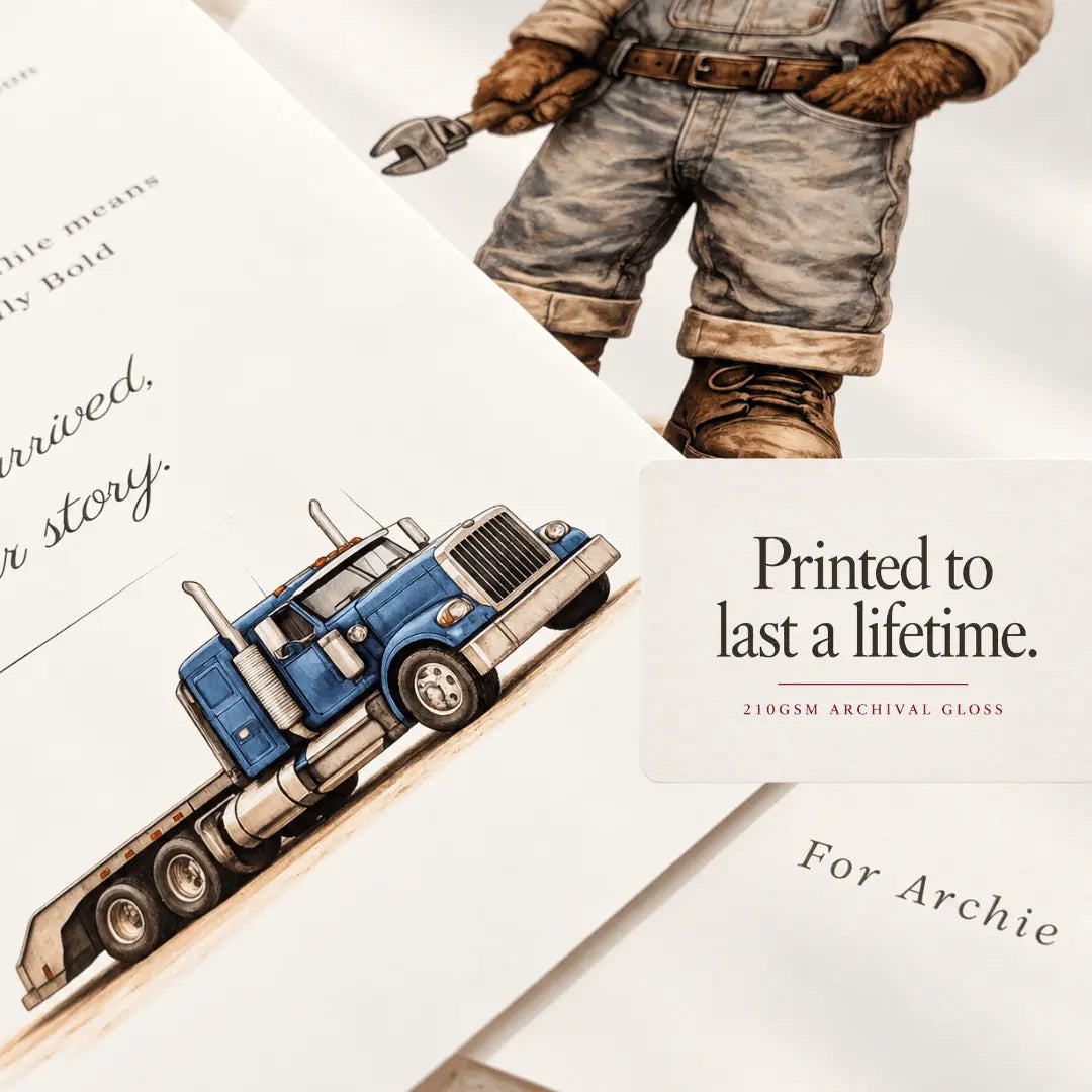 Archival art print cards with illustrated graphics, including a blue semi-truck and a construction worker, displayed on a clean white background with a text label reading 'Printed to last a lifetime. 210GSM ARCHIVAL GLOSS'. Low Loader 