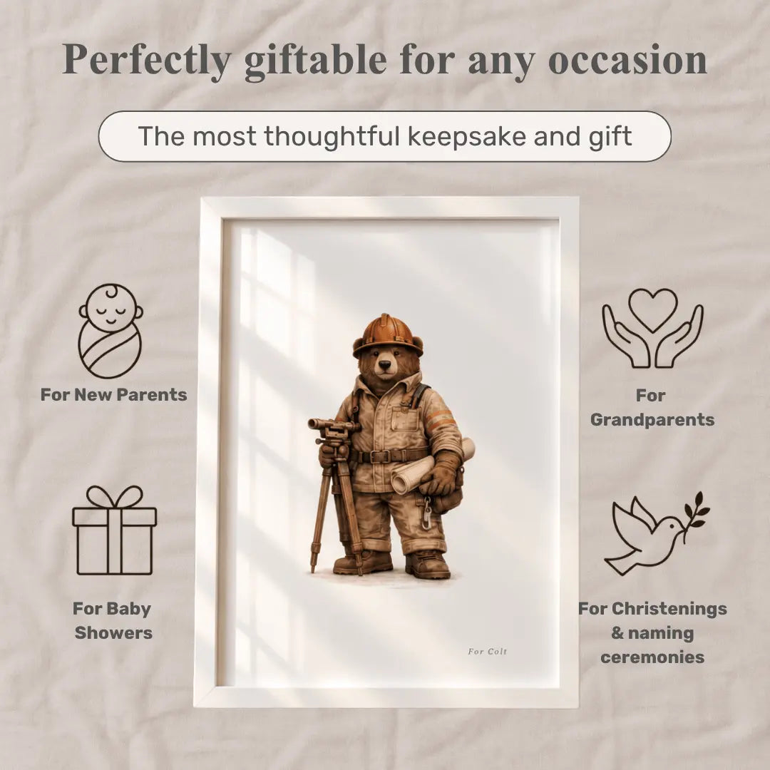 A framed art print featuring a teddy bear dressed as a firefighter, centered on a beige fabric background with promotional text and icons for occasions such as new parents, baby showers, and christenings. excavator