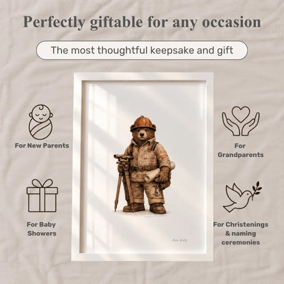 A framed art print featuring a teddy bear dressed as a firefighter, centered on a beige fabric background with promotional text and icons for occasions such as new parents, baby showers, and christenings. excavator