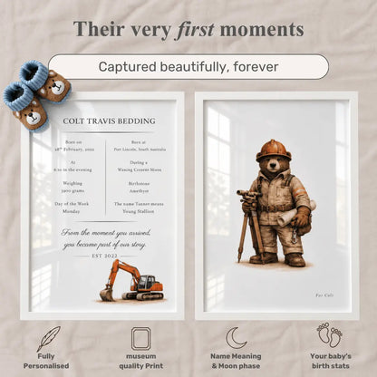 Personalized framed baby milestone print set with a text card and a framed illustration of a construction excavator bear named Colt Travis, shown on a beige textured background with baby booties and icons.