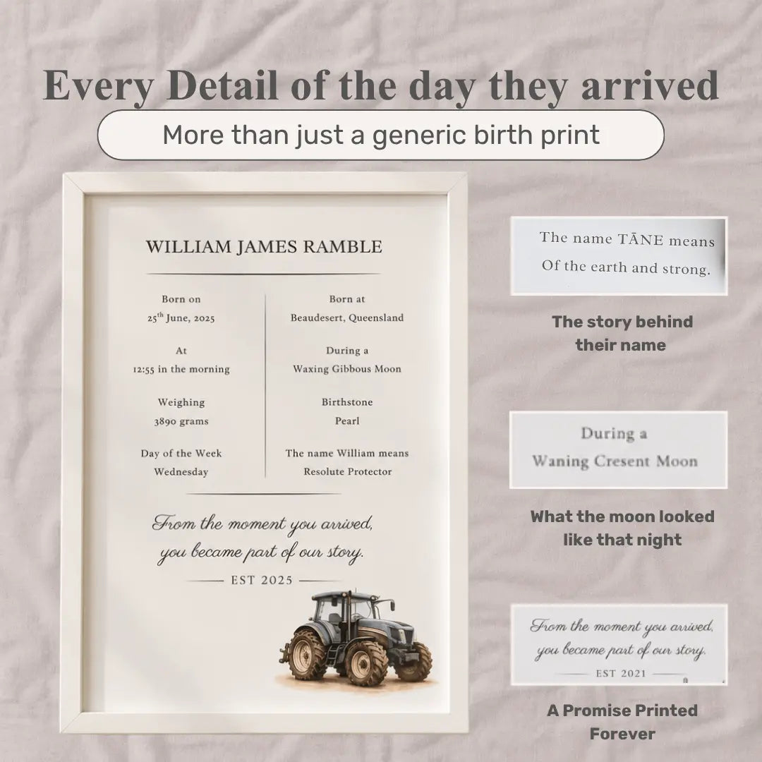 A framed personalized baby birth print with a tractor illustration and text, shown alongside explanatory callouts on a soft gray fabric background. The main framed print includes the name William James Ramble and birth details with a tractor graphic near the bottom. Tractor 