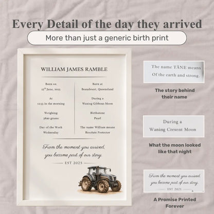 A framed personalized baby birth print with a tractor illustration and text, shown alongside explanatory callouts on a soft gray fabric background. The main framed print includes the name William James Ramble and birth details with a tractor graphic near the bottom. Tractor 