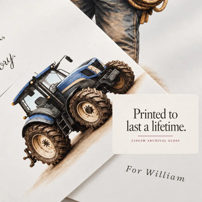 A printed card or art print featuring an illustration of a blue tractor on a dirt path, with a white label reading 'Printed to last a lifetime. 2180SM ARCHIVAL GLOSS. Tractor 
