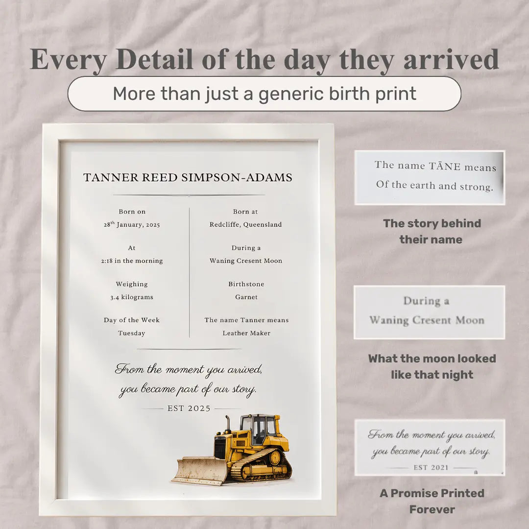 A framed personalized birth print for 'TANNER REED SIMPSON-ADAMS' with a yellow bulldozer illustration at the bottom, shown on a textured beige background with explanatory text callouts about the design. bulldozer  