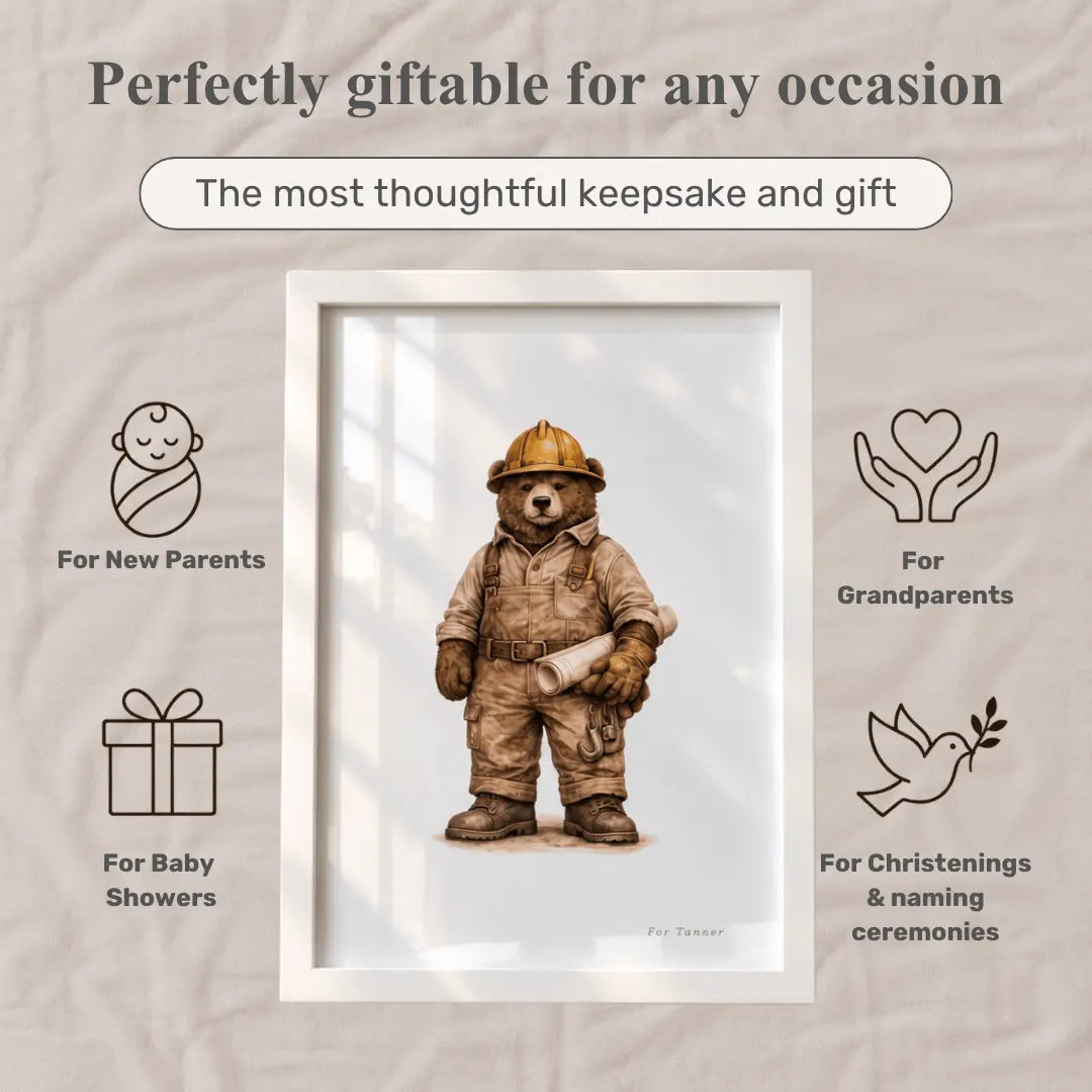 A framed art print featuring a teddy bear dressed as a firefighter, centered on a textured beige fabric background with promotional text and icons for gift occasions. bulldozer  