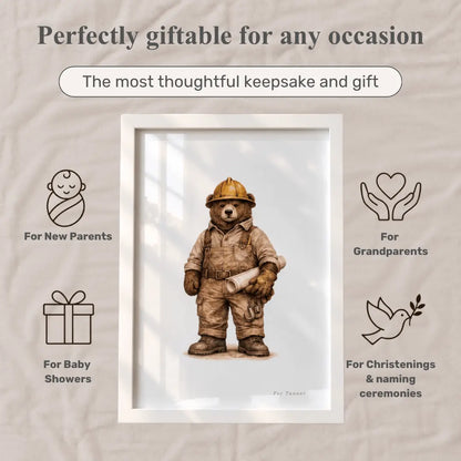 A framed art print featuring a teddy bear dressed as a firefighter, centered on a textured beige fabric background with promotional text and icons for gift occasions. bulldozer  