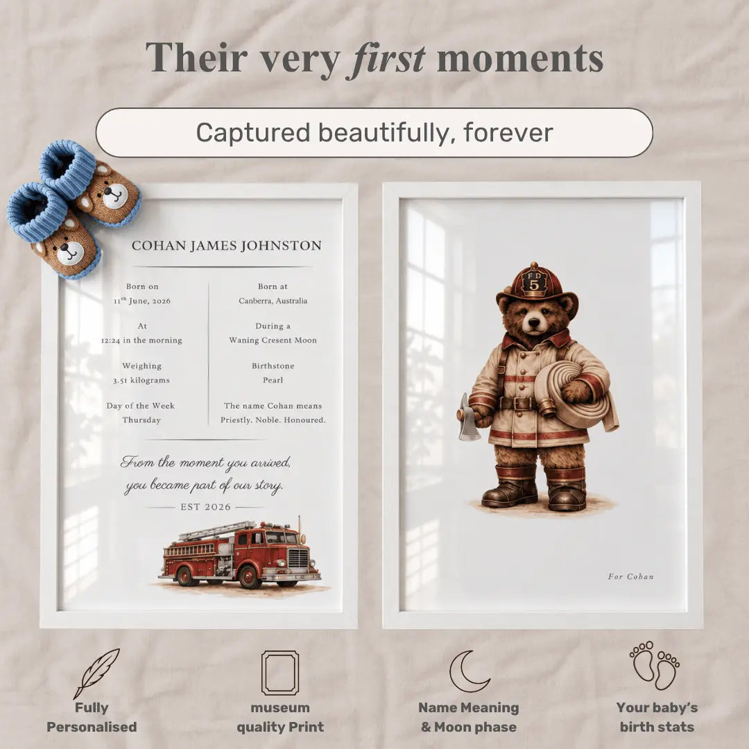 Personalized framed baby keepsake print set featuring a baby memorial card and a framed teddy bear birth announcement, displayed on a textured beige fabric background with decorative baby booties and informational icons. fire truck