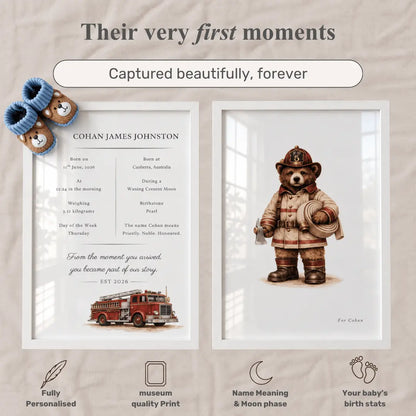Personalized framed baby keepsake print set featuring a baby memorial card and a framed teddy bear birth announcement, displayed on a textured beige fabric background with decorative baby booties and informational icons. fire truck