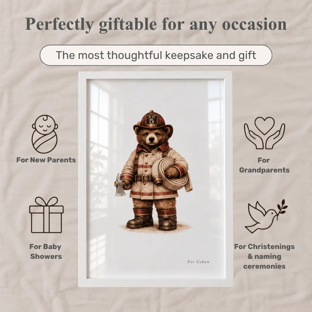 A framed teddy bear firefighter keepsake print centered on a beige fabric background, surrounded by promotional text and icons for baby showers, new parents, grandparents, and christenings. fire truck