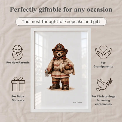 A framed teddy bear firefighter keepsake print centered on a beige fabric background, surrounded by promotional text and icons for baby showers, new parents, grandparents, and christenings. fire truck