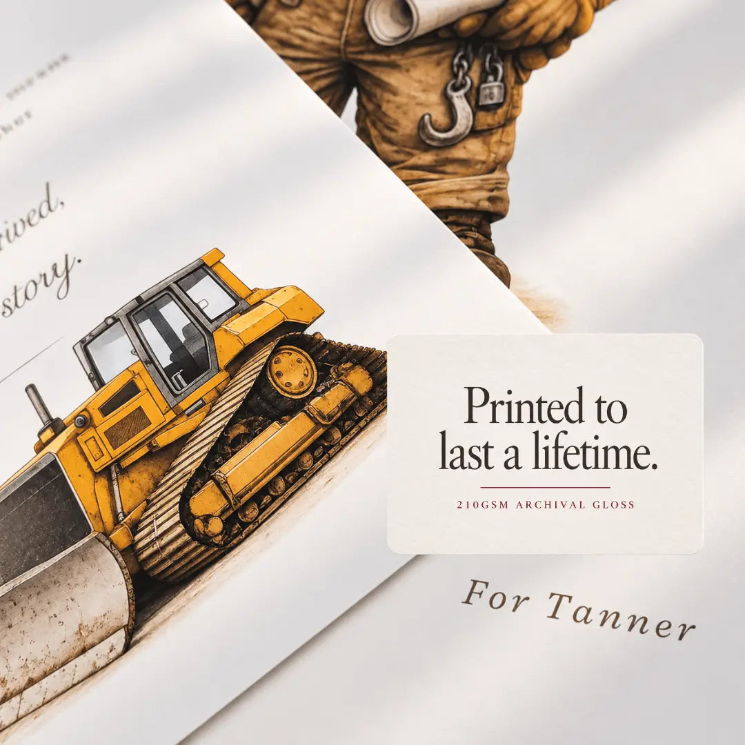 An open printed book or album spread showing an illustrated yellow bulldozer and part of a construction worker, with a white label reading 'Printed to last a lifetime. 210GSM ARCHIVAL GLOSS' and 'For Tanner'. bulldozer  