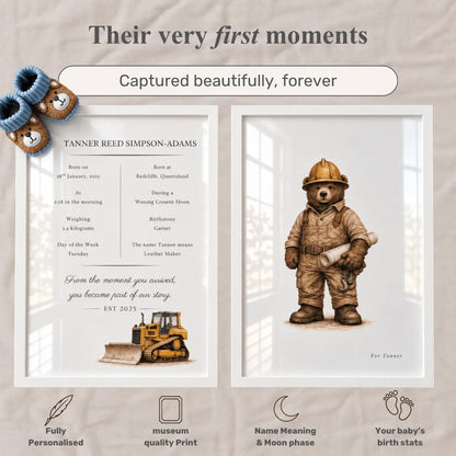 Personalized baby milestone print set featuring a baby bear construction worker illustration and a custom birth details card, styled with blue bootie socks on a beige fabric background with promotional text and icons. bulldozer  