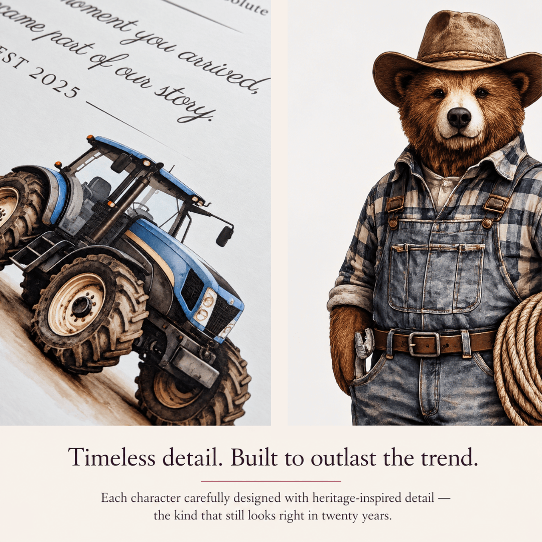 A split promotional graphic showing a blue tractor on the left and a bear dressed as a farmer in overalls and a hat on the right, with text reading 'Timeless detail. Built to outlast the trend. Tractor 