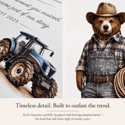 A split promotional graphic showing a blue tractor on the left and a bear dressed as a farmer in overalls and a hat on the right, with text reading 'Timeless detail. Built to outlast the trend. Tractor 