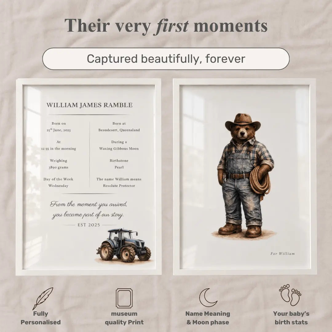 Personalized baby birth announcement prints displayed side by side on a textured beige background. The left print features a baby boy's birth details in a clean typographic layout with a small tractor illustration. Tractor 