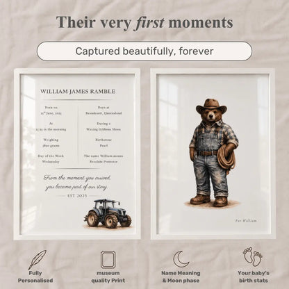 Personalized baby birth announcement prints displayed side by side on a textured beige background. The left print features a baby boy's birth details in a clean typographic layout with a small tractor illustration. Tractor 
